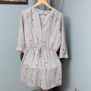LOFT Gray and Pink Floral Long Sleeve Dress